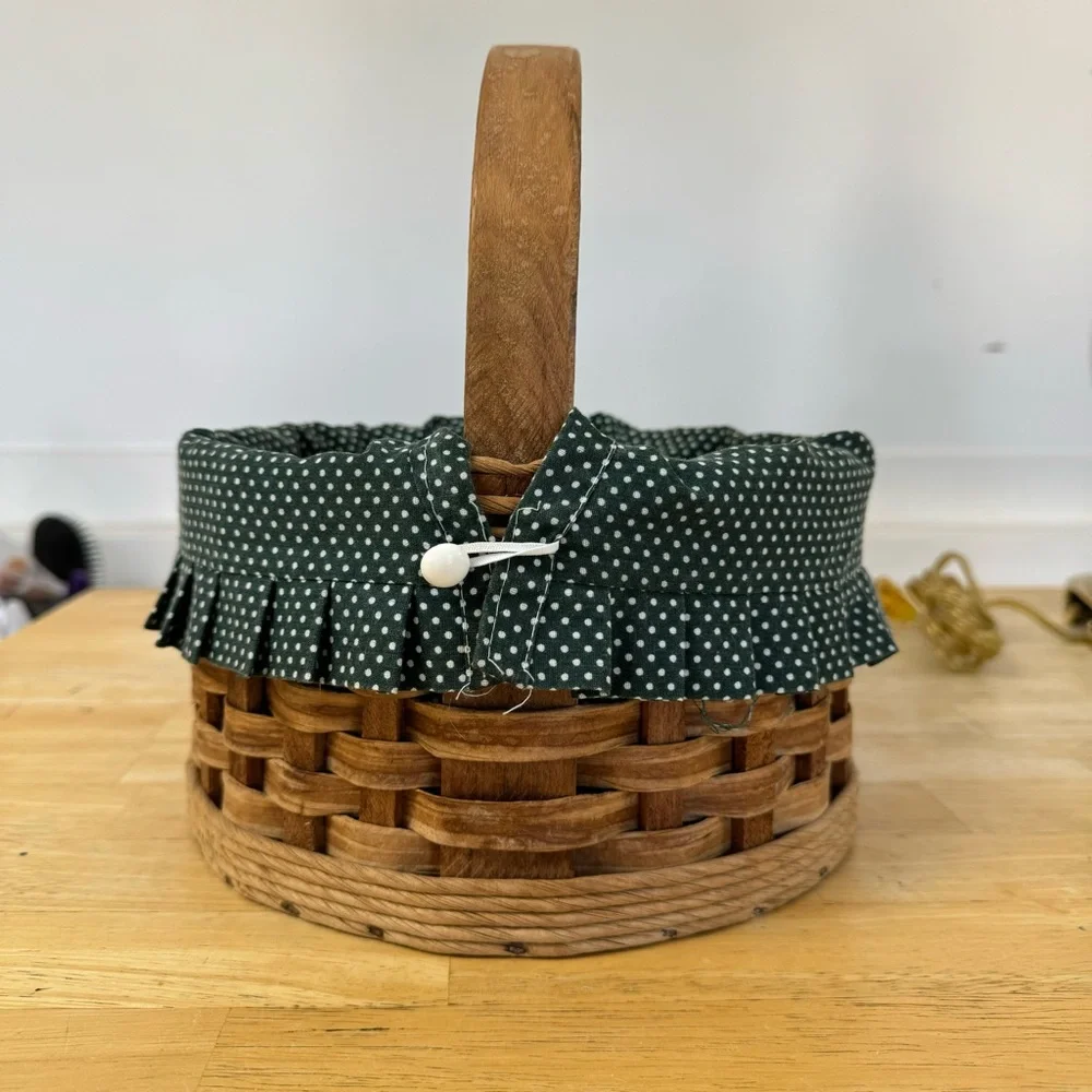Vintage Wooden Basket Lined Woven Handle Circular Cottage Farmhouse Folk Art EUC